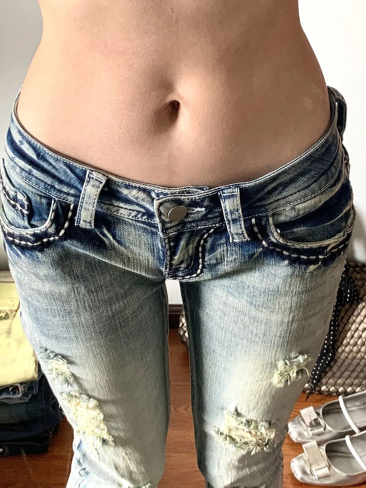 

American Style Slimming High Waist Bell Bottom Jeans Women's Summer New Design Worn out INS Floor Length Pants Hot Girl