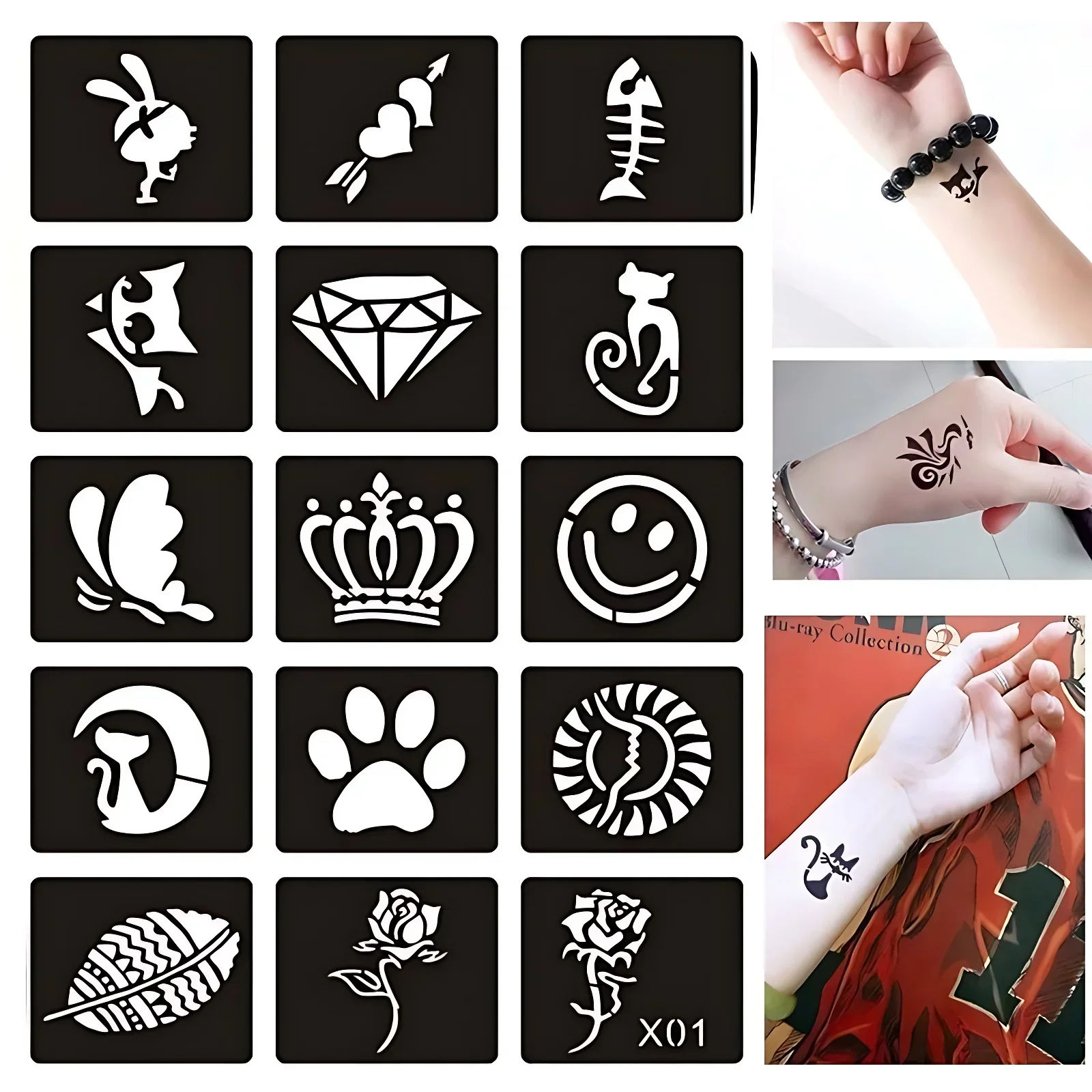 Henna Stencil Airbrush Decorations Wedding Star Moon Crown Totem Chinese Character for Boys Girl Adult Wrist Hand Tattoo Stencil