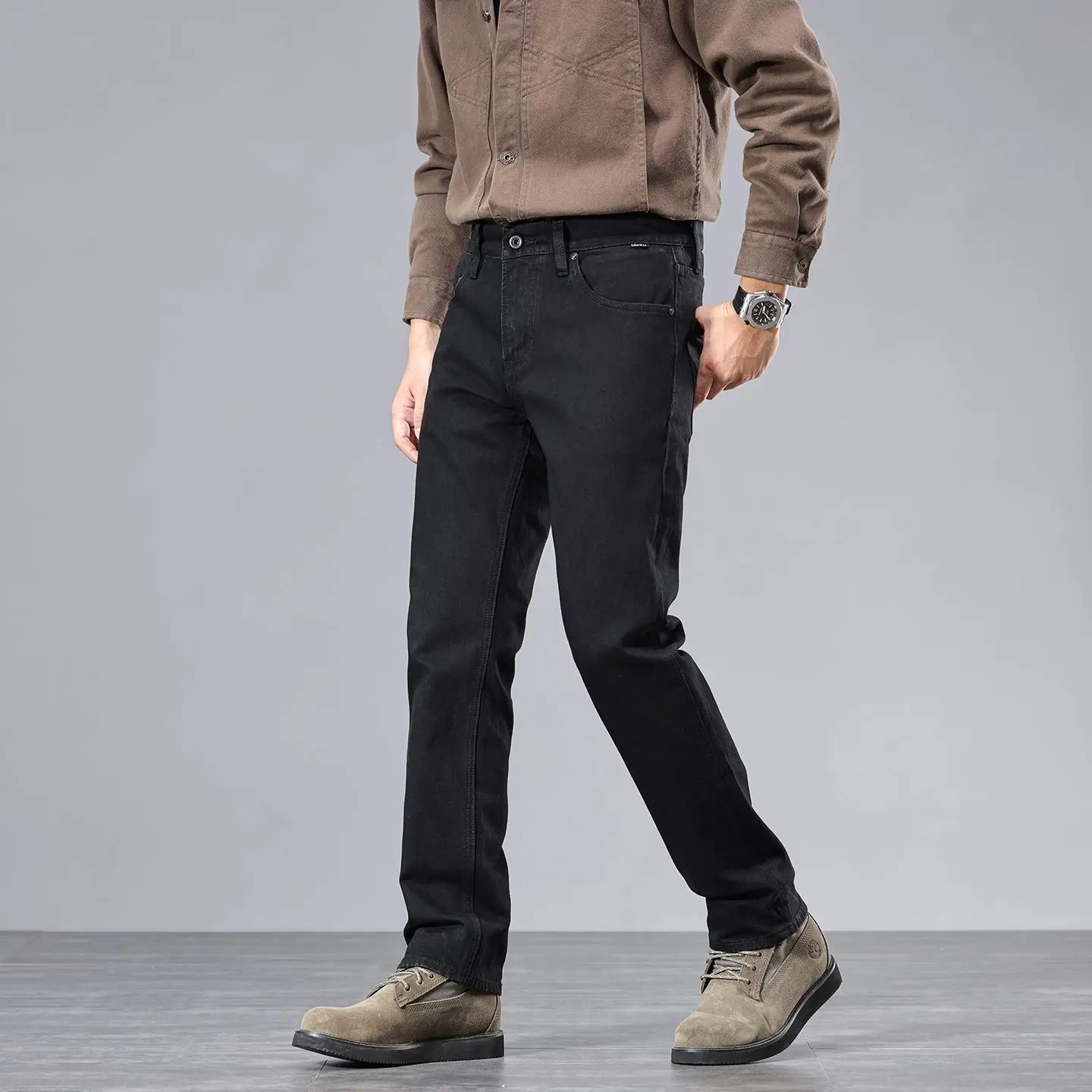 American Vintage Streetwear Men's Contrast Stitch Black Denim Jeans 2026 Autumn Wear Resistant Regular Straight Stretch Pants