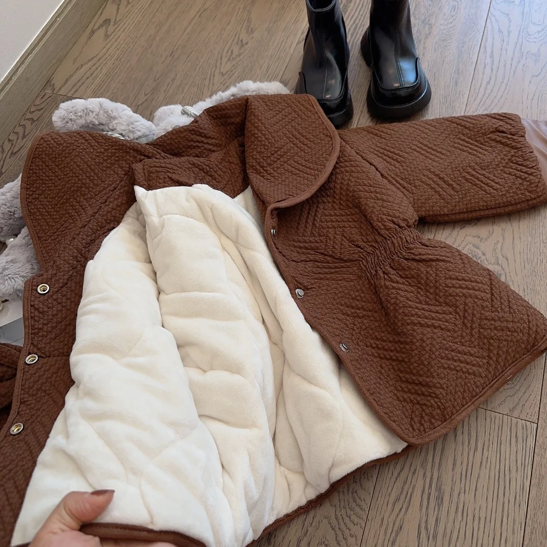 Coat New Girl Autumn Winter New Fashionable Middle Length Thickening Lapel Collar Bow Tops Keep Warm Children Loose 2024