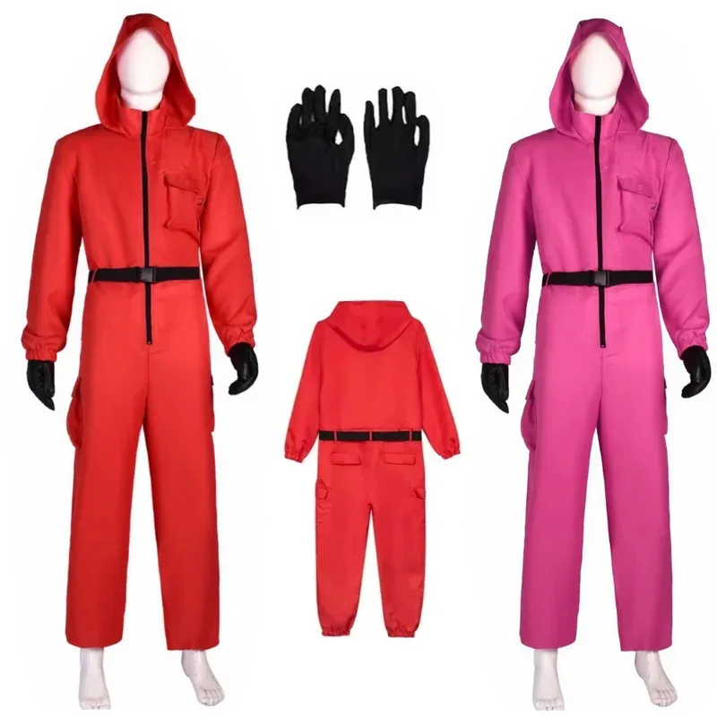 كالاماري لعبة الحرس تأثيري حلي بذلة حمراء الزي الكبار الاطفال المراهقين رياضية مقنعين عموما حزام قفازات مجموعة هالوين