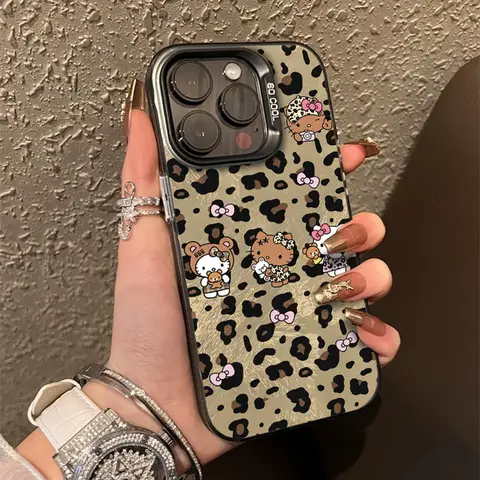 럭셔리 레오파드 Sanrios Hellos Kittys 전화 케이스 iPhone 16 15 14 13 12 11 미니 프로 맥스 X XR XSMAX 8 7 플러스 안티 가을 매트 Best5