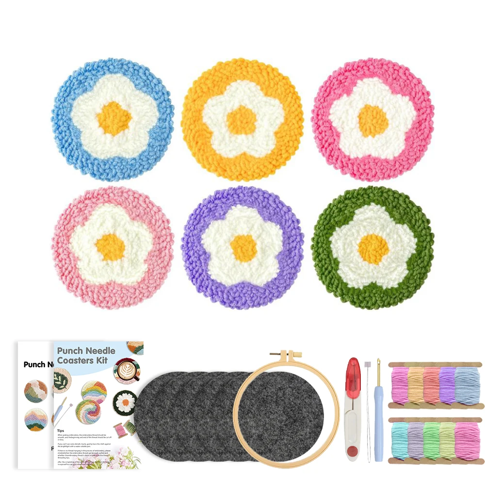 CHENISTORY 6pcs/Set Flowers Pattern Punch Needle Coasters Kit Easy Wool Poke Needle Embroidery Set Making Tufted Mug Rug Pads