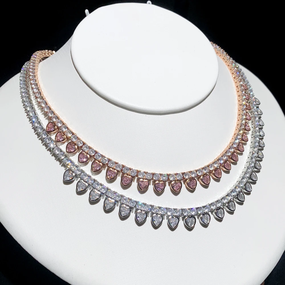 2026 Valentine\'s Day 3 Color Bezel Heart Shaped Charm 3MM CZ Tennis Chain 16inches Choker Women Iced Out Bling Necklace