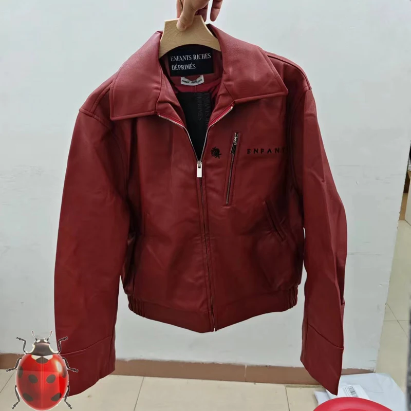 RED Red Leather Chest Embroidery Logo ENFANTS RICHES DEPRIMES Jacket Men Women Classic Zipper Oblique Pockets Coat with Dust Bag