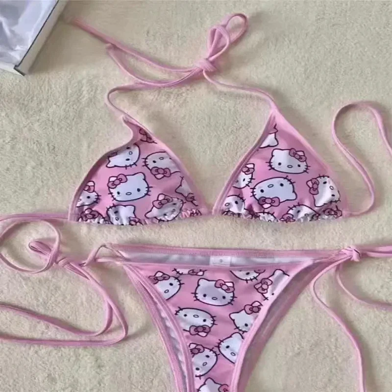 Hello Kitty Bikinis Set Kawaii Y2K Summer 2024 New Women Swimsuit Beach Strappy Panties Sexy Swimwear for Girl