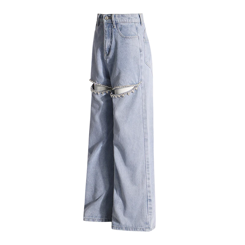 BPN Solid Minimalist Loose Denim Trouser For Women High Waist Patchwork Diamonds Hollow Out Streetwear Wide Leg Pants Female