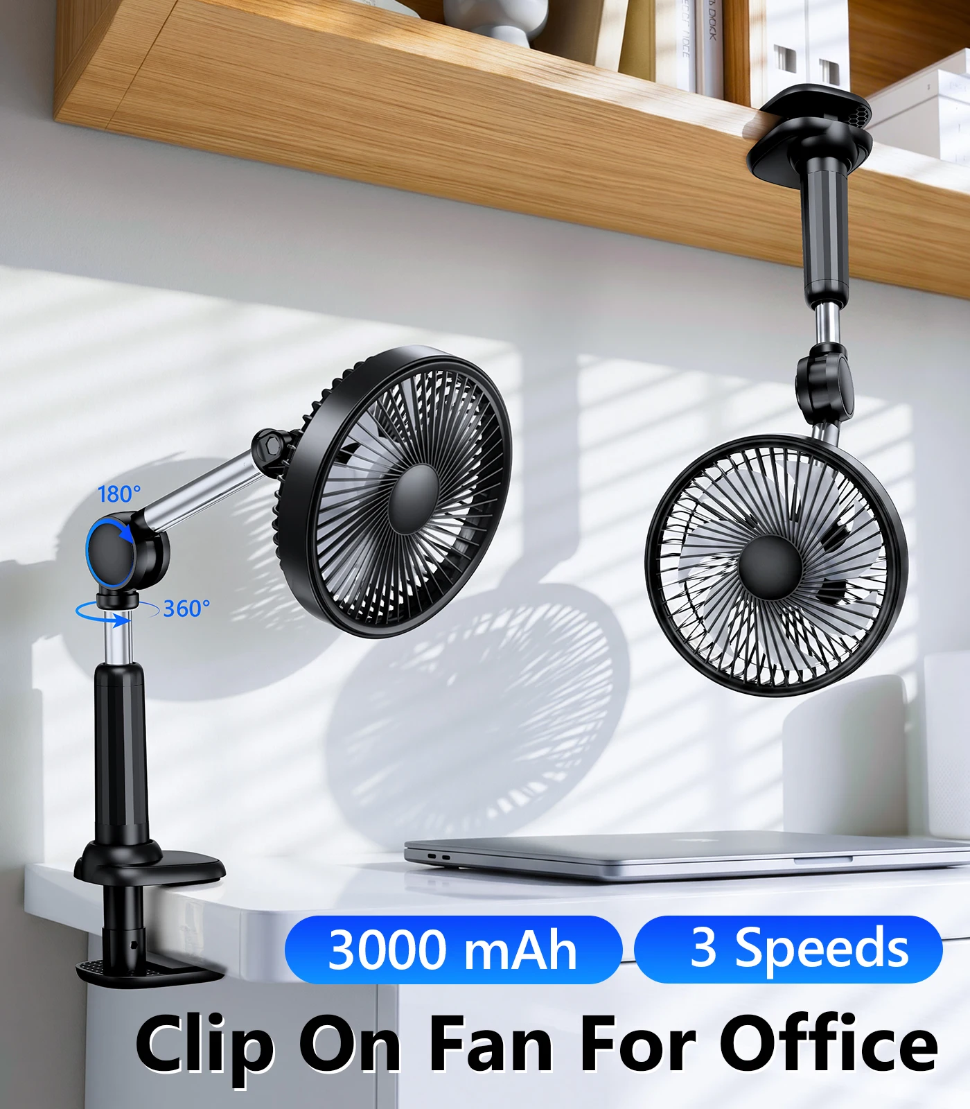 Oatsbasf Clip on Fan for Desk 3000mAh Rechargeable Battery 3