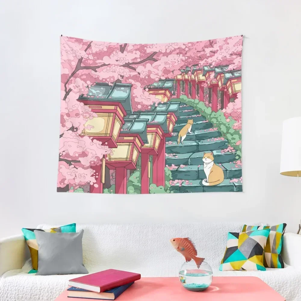 

The Japanese shrine, cats and pink sakura blossom Tapestry Aesthetic Home Decor Home Decorators Tapestry