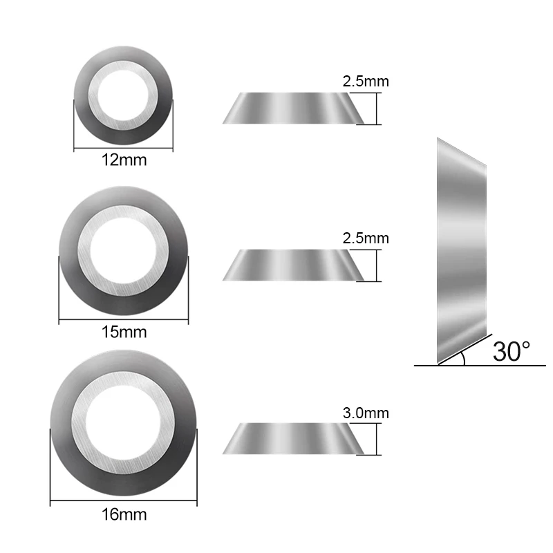 1pc 12/15/16mm Round Carbide Insert Cutter 16x3mm 12x2.5mm 15x2.5mm 30 Degree Inserts For CNC Lathe Wood Turning Cutting Tool