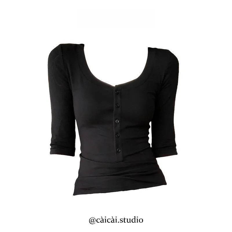 Slim Fit Short Sleeve round Neck T-Shirt Women's Spring Autumn Thin Elastic Casual Top under Shirt Commute Style Korean Version