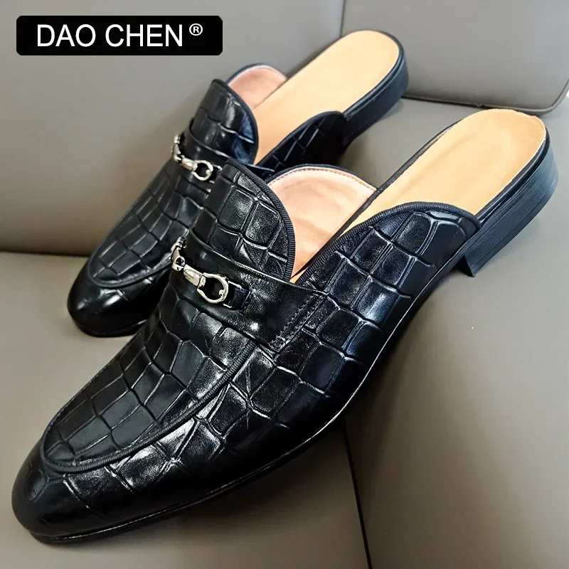 Men\'s Mules Half Shoes Crocodile Print Mens Dress Causal Shoes Horsebit Black Brown Shallow Breathable Leather Shoes Men