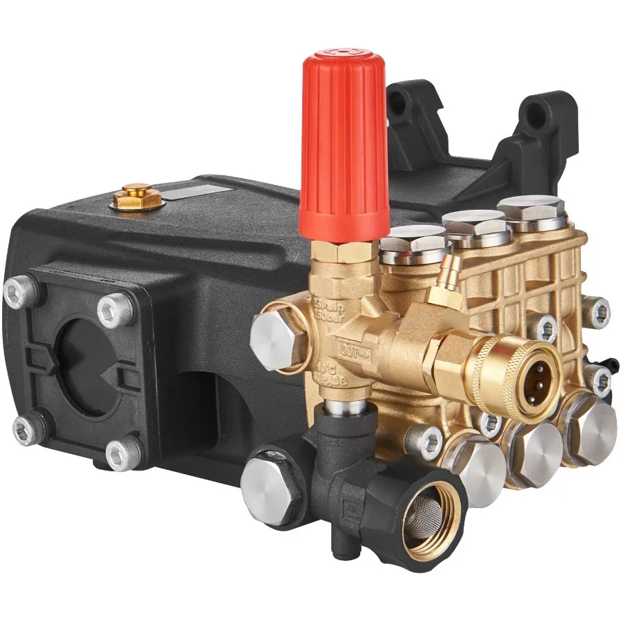 Pressure Washer Pump for industrial cleaning, cast iron with stainless steel plungers, red finish, 4400 PSI high-pressure outpu
