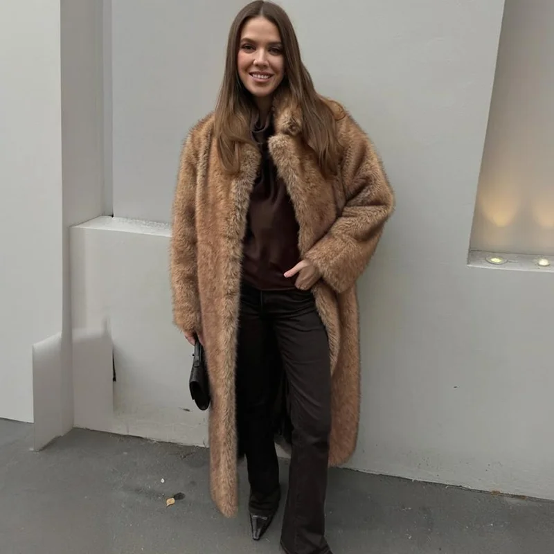 TARUXY Winter Female Faux Fur Overcoat Luxury Lapel Loose Fashion Commute Keep Warm Long Sleeve Outwear Women's Faux Fur jacket