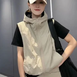 Chaleco Vintage con capucha para mujer, cárdigan sin mangas, chaqueta con cremallera para exteriores, sudaderas de alta calidad, moda coreana, nuevo