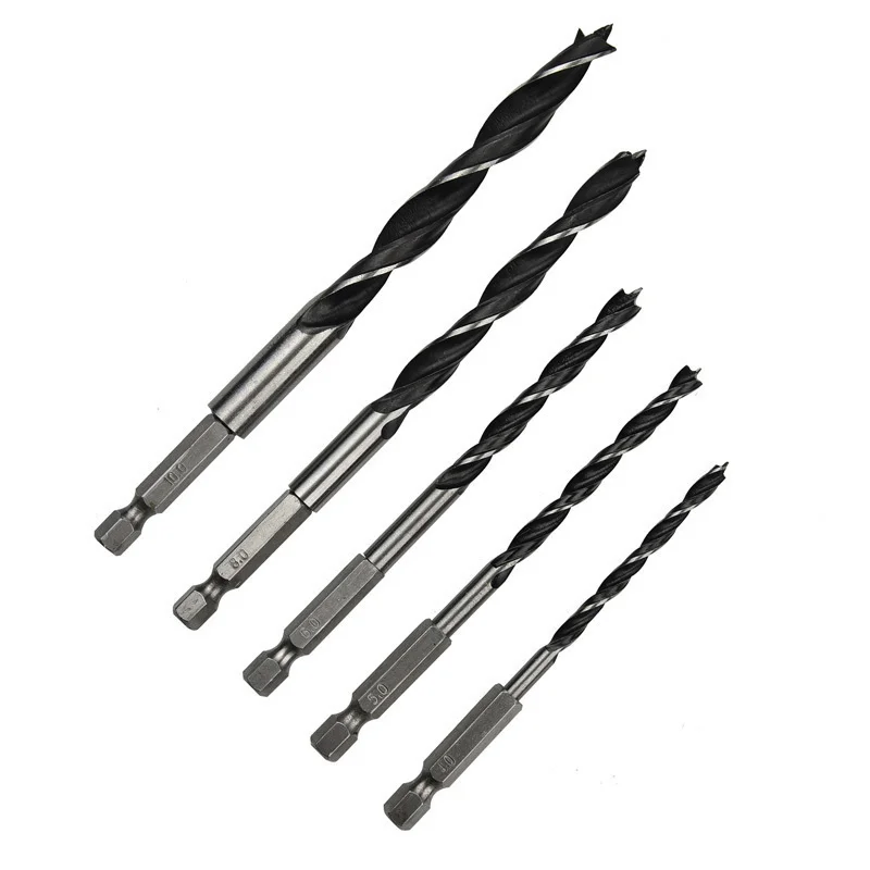 5pcs 4/5/6/8/10mm 1/4 Hexagonal Handle Three Pointed Drill Bit Set Woodworking Hole Reaming Power Tool Household accessories