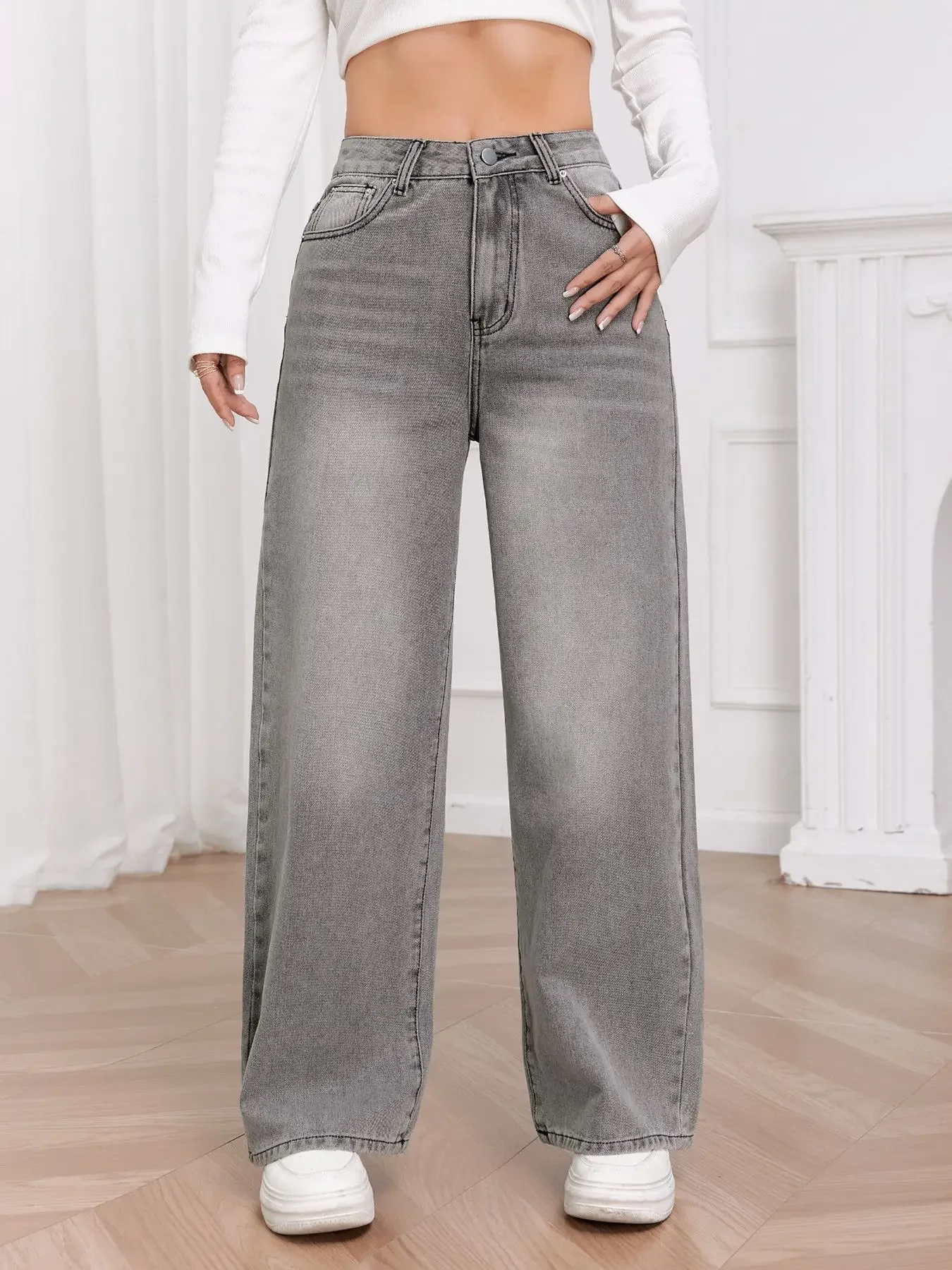 Trendy Wide Leg Distressed Straight Jeans for Women Elastic Casual Bootcut Denim Pants Bestseller Fashionable Ladies Jeans - Image 5