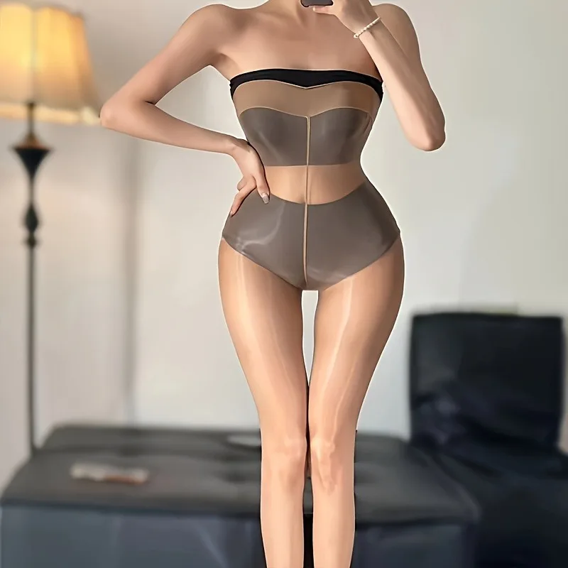 1 Pair Women'S Plus Size Oil Shiny Sheer Pantyhose High Waist Elastic Ultra Thin Shimmer Stockings Horse Oil Nylon Aurora Tights