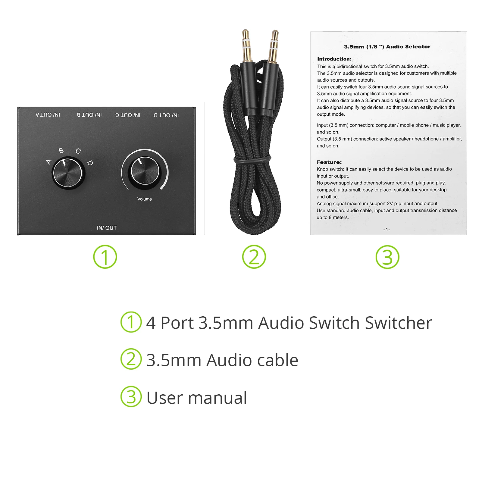 4 Way/2 Way 3.5mm Stereo Audio Switcher Bi-Directional Audio Switch Splitter Box 2x1/1x2 4x1/1x4 Switcher with Mute Button