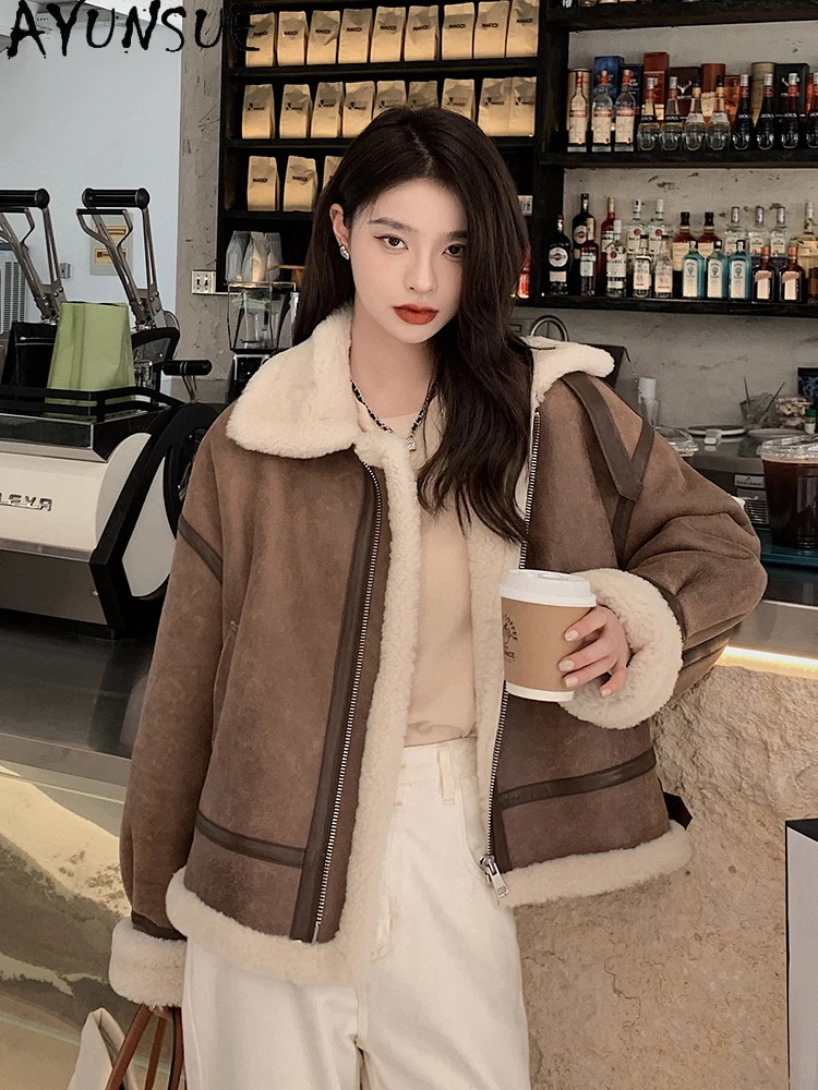 AYUNSUE 2025 겨울 시어링 재킷 여성 100% 천연 양털 재킷 여성 의류 짧은 패션 퍼 재킷 여성 의류