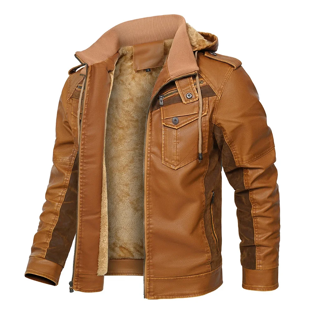 Men's Leather Jacket Motorcycle Biker Jacket Fashion Trends Overcoat Short Winter Fur Leather Jacket Hooded Zipper High Quality