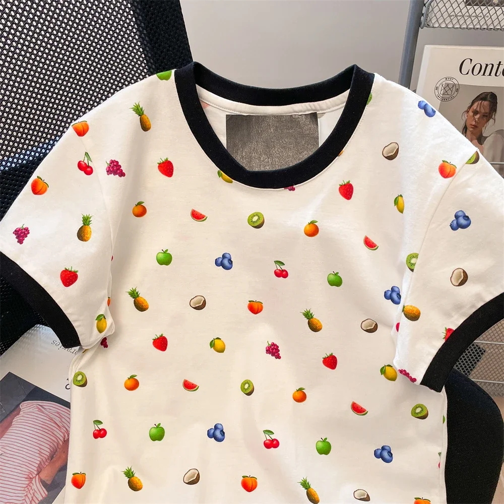 الكورية عالية الجودة القطن تي شيرت صغير أمريكا خمر المرأة لطيف الفواكه المطبوعة تيز القمم الصيف ملابس غير رسمية قصيرة الأكمام #4