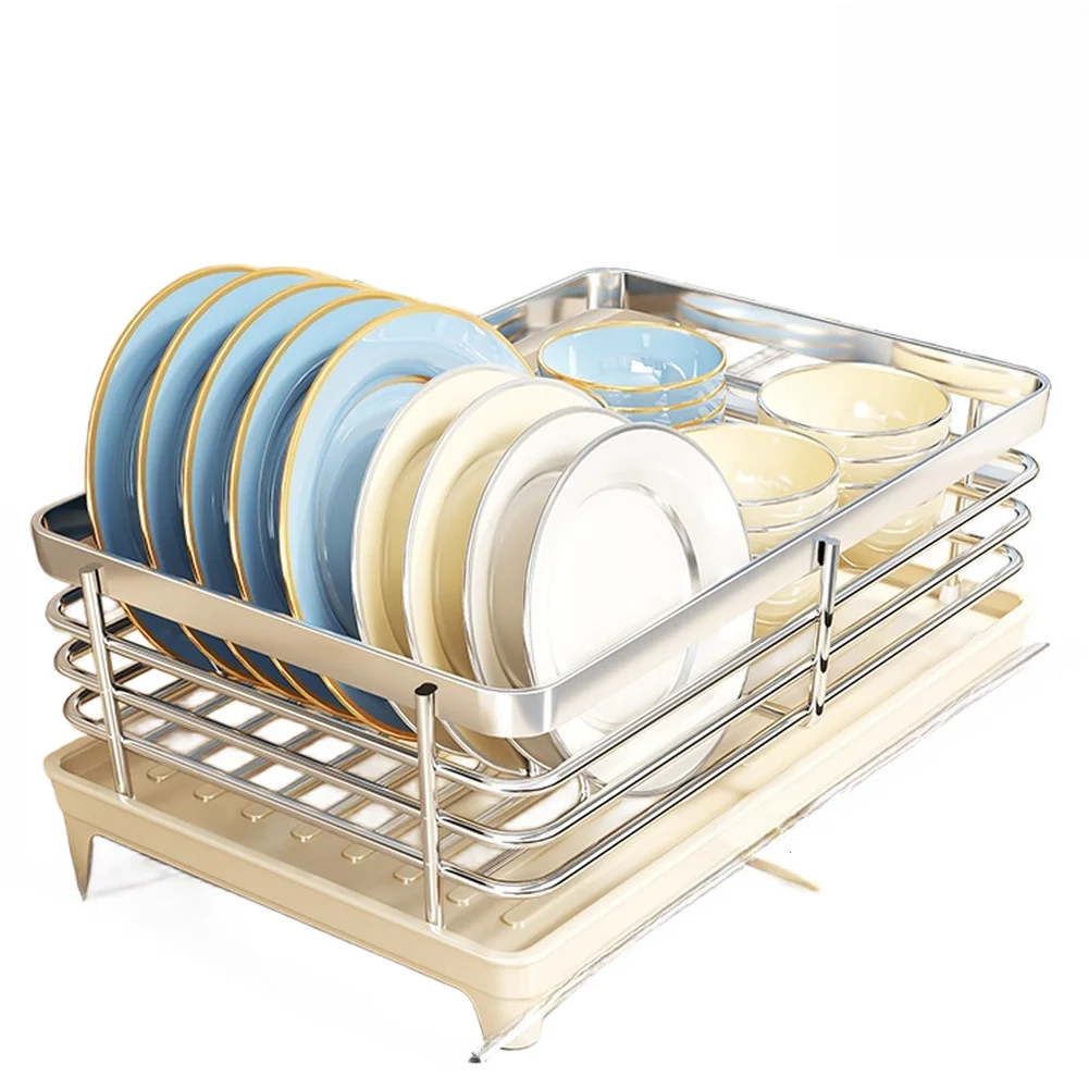 Stainless Steel Dish Rack with Draining Tray and Removable Cutlery Holder for Streamlined Kitchen Counter Setup