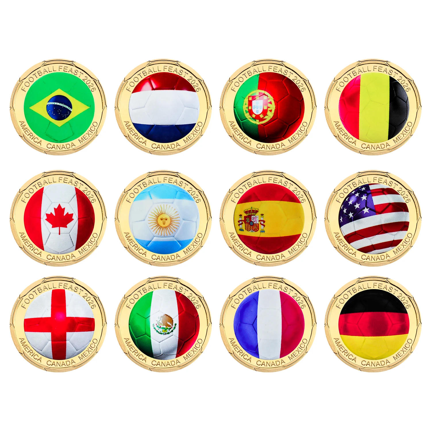 12pcs Football Feast Sports Commemorative Coin Set in Box 2026 Soccer Souvenir Challenge Coins Collectible Holiday Gifts for Fan