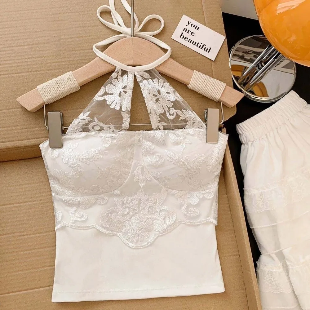 Hollow Splicing Lace Camisole with Pads Embroidery Flower Transparent Lace Corset Sleeveless Tanks Streetwear Halter Crop Tops