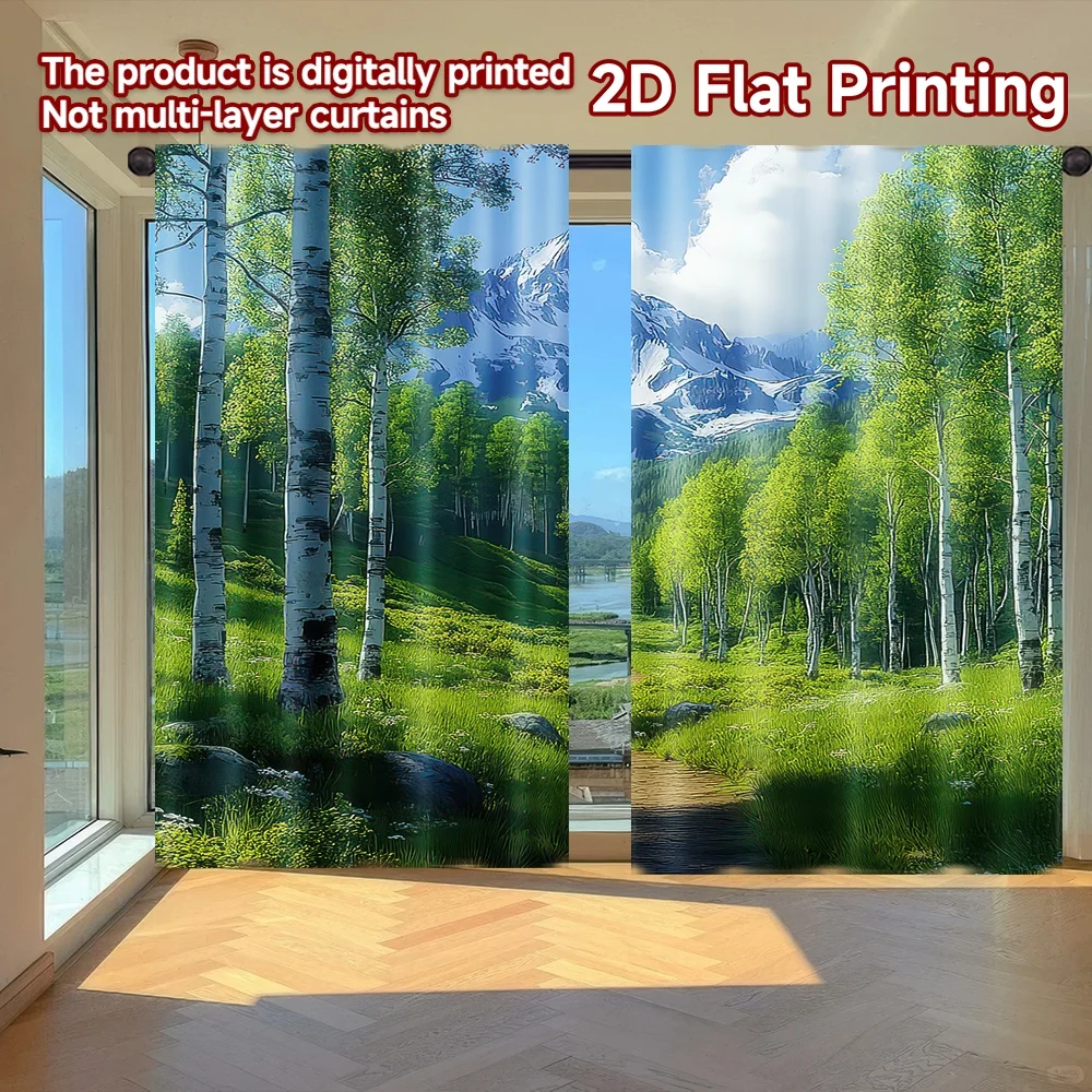 

2D flat printing 2pcs Curtain Mountain Path with Trees Digital Printed Polyester Drapes Holiday Decorations for Photo Booths &