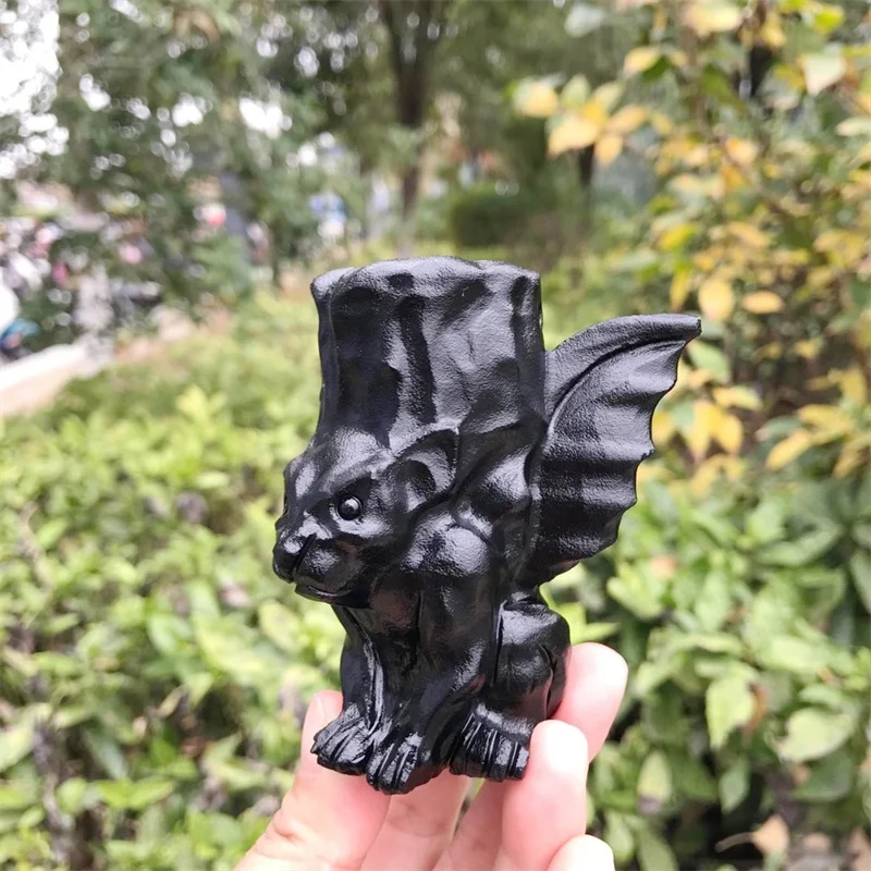 8.3cm Natural Black Obsidian Crystal Gargoyle Hand-Carved Statue Healing Reiki Quartz Genstone Crafts For Room Decor 1pcs