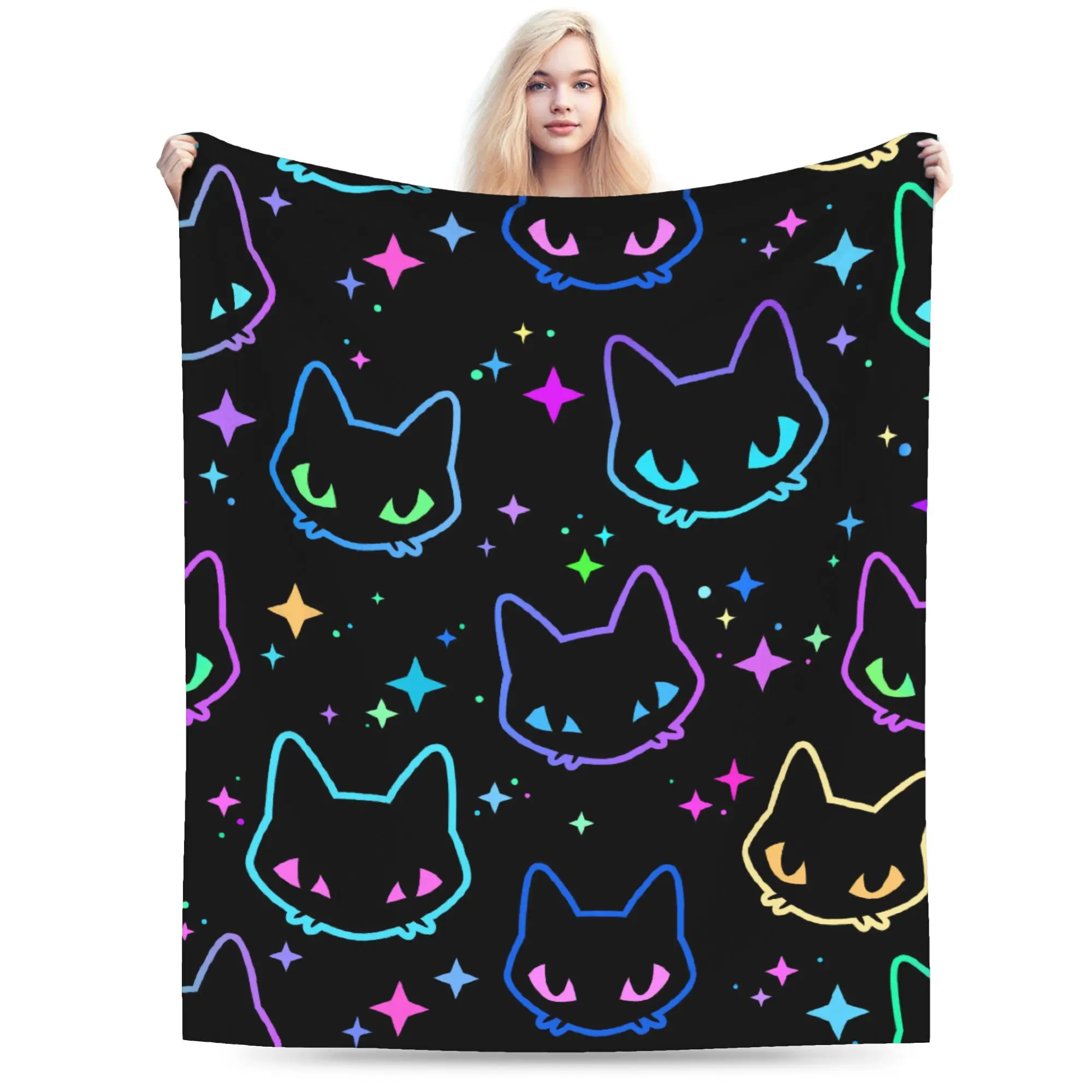 

Colorful Neon Cat Blanket Fleece Textile Decor Multi-function Super Warm Throw Blanket for Home Couch Bedspreads