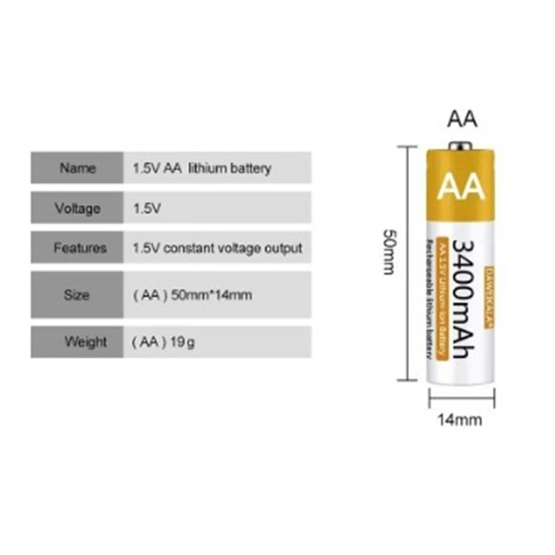 AA Battery 1.5V Li-ion AA Rechargeable Battery 3400mAh AA Lithium-ion Battery for remote control mouse small fan Electric toy