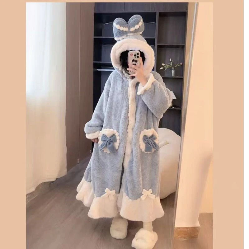 Cozy Blue Women Sleepwear Bow Hooded Long Fleece Nightgown Thick Plush Loungewear Kawaii Winter Warm Homewear Top