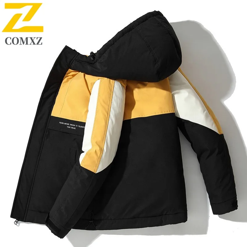 COMXZ Men's Hooded Puffer Jacket American Style Waterproof Windproof Thermal Coat Outdoor Sports Winter Leisure Streetwear 2025