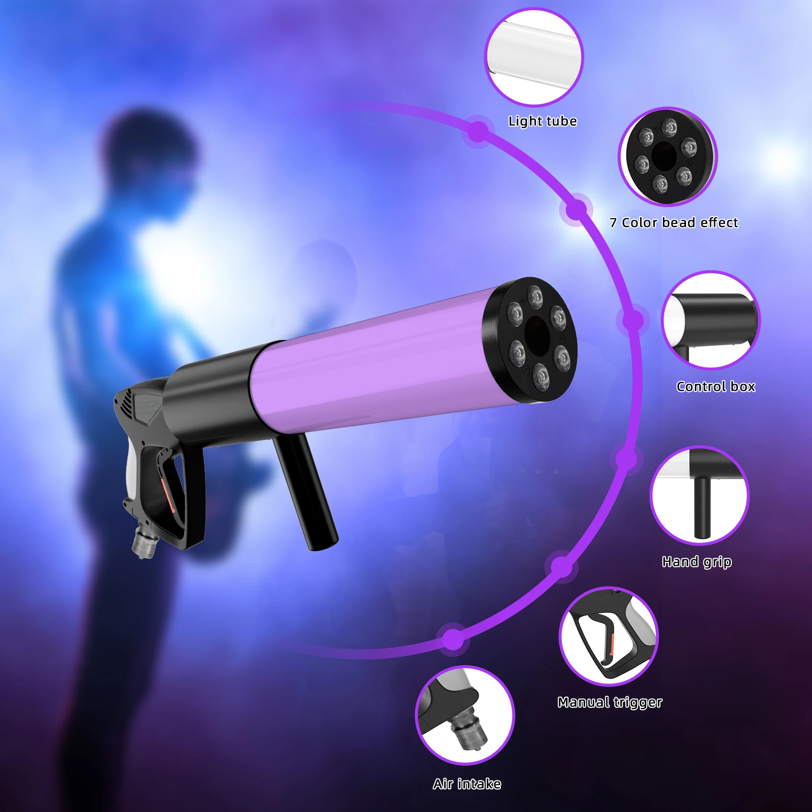 Yiflamefly 1/2Pcs LED RGB Atmosphere Props Smoke Gun Dry Ice Gun Carbon Dioxide Column Gun For Bar Wedding Business Show Party