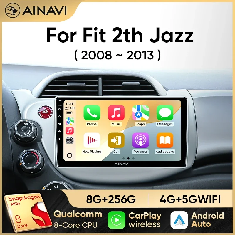 Radio Estéreo para Auto Ainavi, Multimedia Inalámbrico con Carplay y Android Auto para HONDA FIT JAZZ 2008 2009 2010 2011 2012 2013 2 DIN GPS