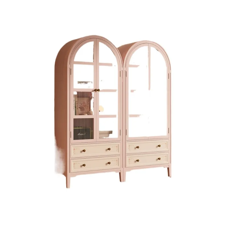 

Pink Hand Painted Arched Glass Dustproof Bookcase Living Room Study Room Home Display Storage Cabinet