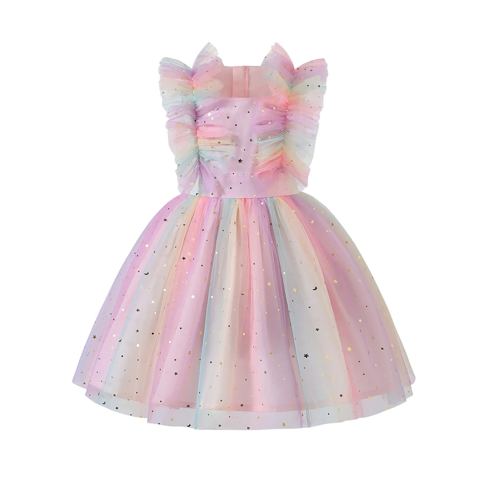 Infant Baby Girl Summer Birthday Dress Ruffle Sleeve Cake Photo Shoot Outfit Sleeveless Square Neck Rainbow Tulle Dress 3-8Years