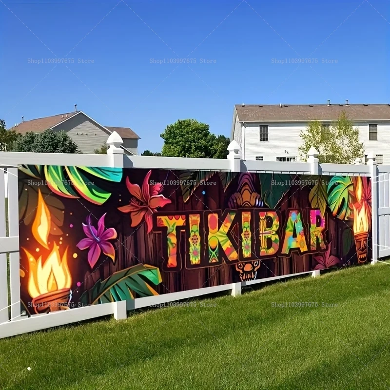 Vibrant Tiki Bar Banner Tropical Flowers & Torch Design Background for Hawaiian Luau Parties Bar Decor Garden Yard Hanging Sign