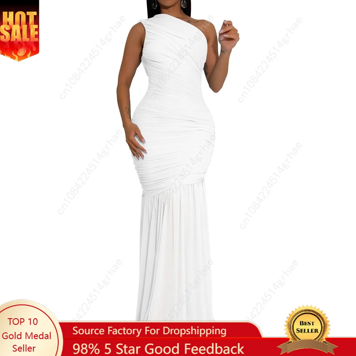 

Women's Sexy One Shoulder Mesh Ruched Bodycon Formal Cocktail Maxi Dress