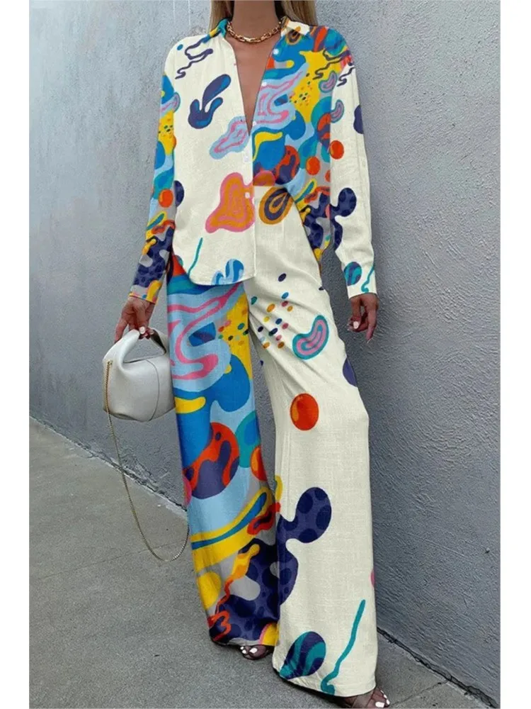 

Casual Boho Print Set Lady Fashion Long Sleeve Button Tops+High Waist Wide Leg Pants 2 Piece Sets Women Holiday Womens Clothing