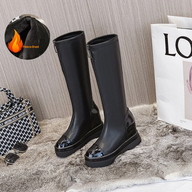 

Women's Autumn Winter Thick Bottom High Tube Long Boots Fleece Lined Heightening Slimming Knight Boots Large Head Zipper Long Bo