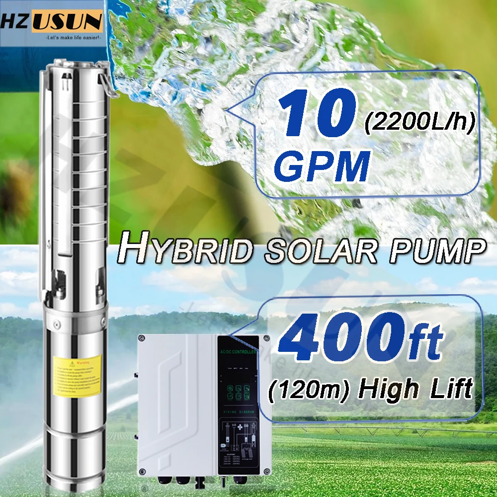 

HZUSUN 2HP 100M Solar Submersible Deep Well Pump High Pressure Solar Power Hybrid AC DC Pumping System Automatic MPPT Function