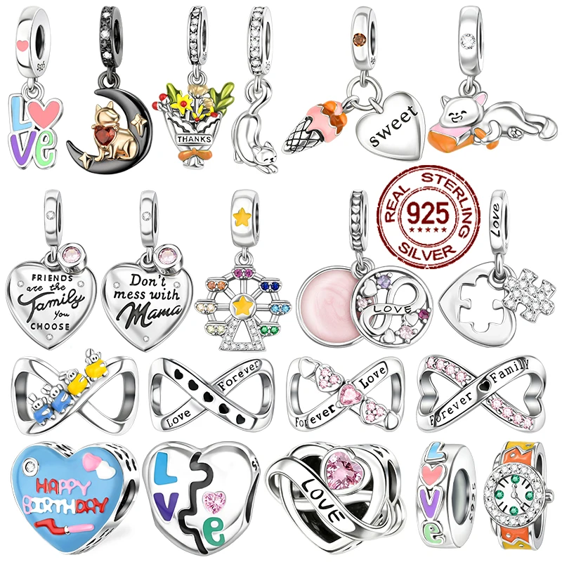 

925 Sterling Silver Family Love Forever Beads Pendant Charms Fit Original Bracelets Women DIY Fine Jewelry Valentine's Day Gift