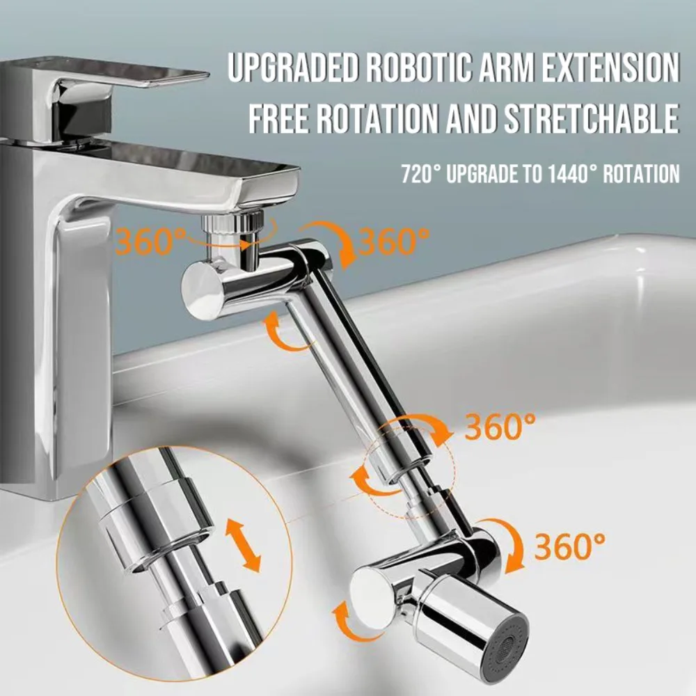 Universal Rotatable 1440° Faucet Aerator Scalable Metal Tap Splash-proof Bubbler 2 Water Outlet Mode Arm Extender Faucet Filter