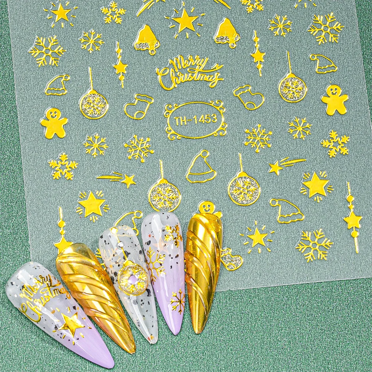 2 uds Navidad 3D copos de nieve dorados estrellas campanas bastón caramelo autoadhesivo Nail Art pegatina para decoración de manicura DIY