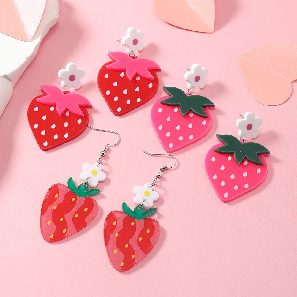 Summer and Autumn Cool Fruits Sweet Strawberry Earrings Earrings Earrings Acrylic Green Leaves White Flower Earrings Female