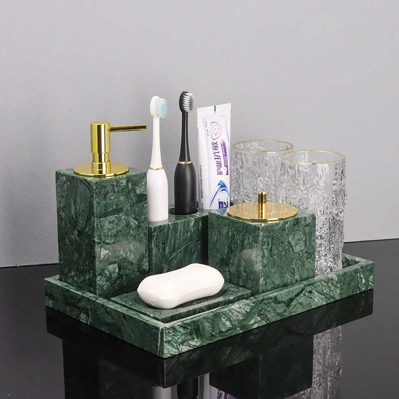 Light Luxury Malachite Green Marble Bathroom Wash Set Brushing Mouthwash Cup Soap Dish Lotion Bottle Tray Bathroom Accessories