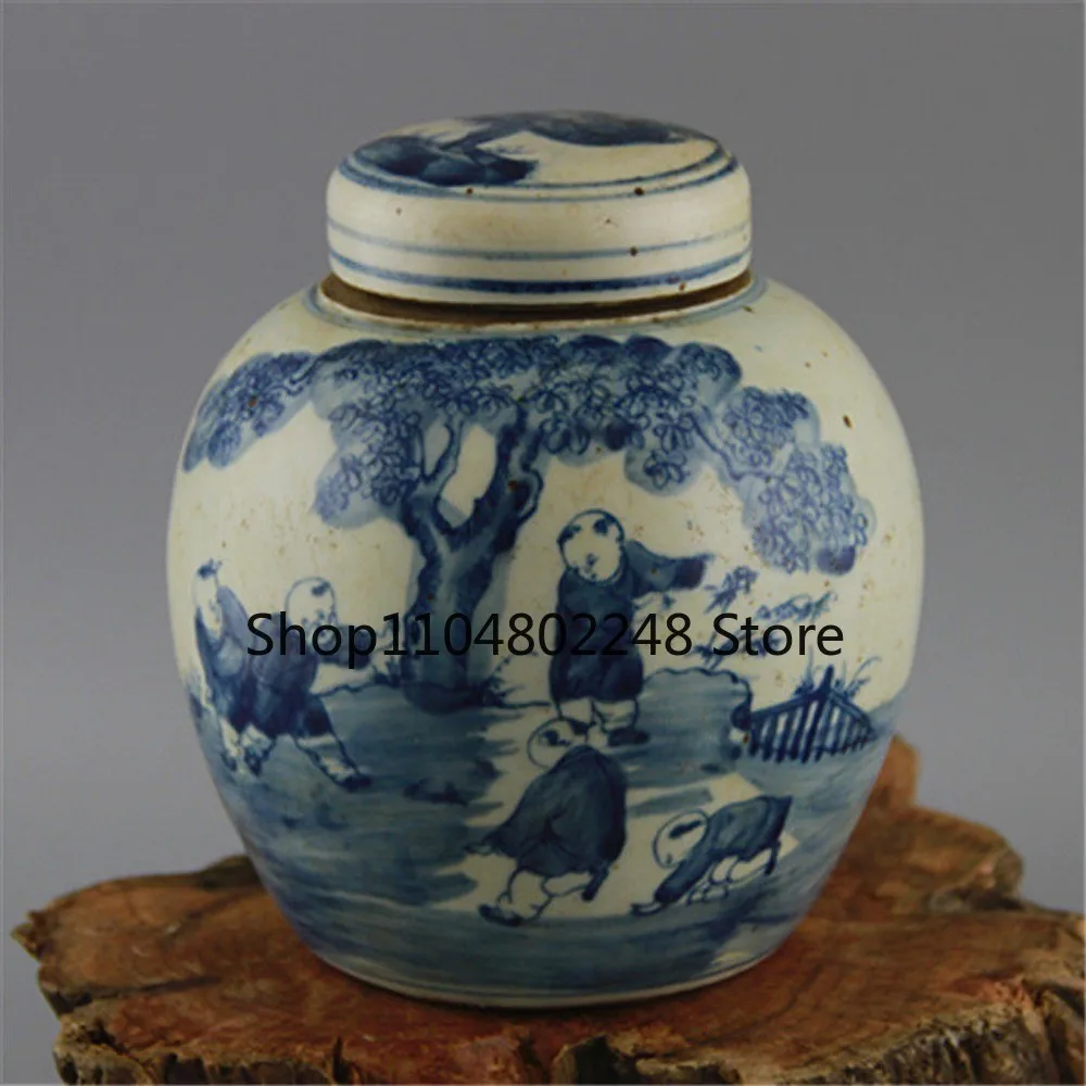Old Blue & White porcelain handpainted Baby Play Painting jar pot